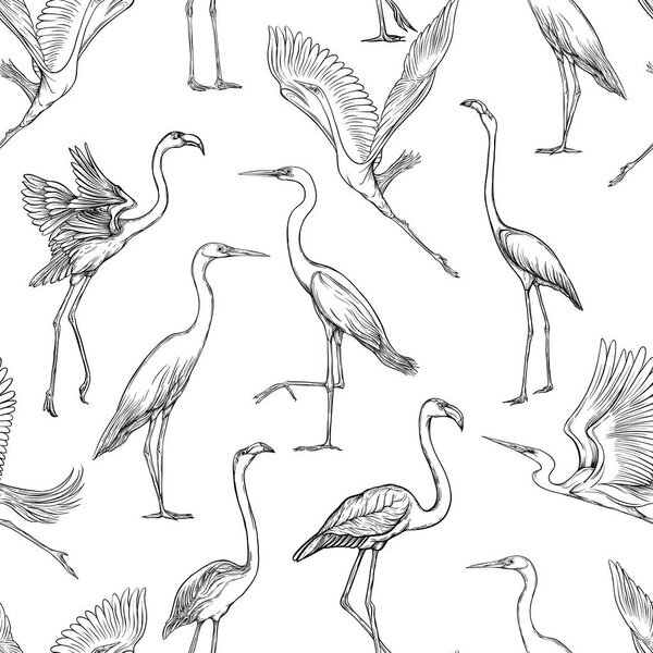 Бесшовный рисунок, фон с тропическими птицами. Белая цапля, фламинго. Векторная иллюстрация. Графический рисунок, стиль гравировки. векторная иллюстрация. В винтажных голубых и бежевых цветах
. 