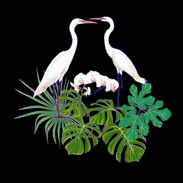 熱帯植物やヤシの葉 モンスター 植物園の白鷺と白蘭の組成は ネオン 蛍光色でカラーのベクトル図をスタイルします 黒の背景に分離 — ストックベクタ