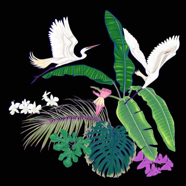 Tropik bitkiler, palmiye yaprakları, canavarlar ve botanik beyaz heron ile beyaz orkide bileşimi neon, floresan renkler renkli vektör çizim tarzı. Siyah arka plan üzerine izole.