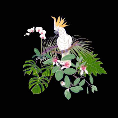 Tropik bitkiler, palmiye yaprakları, canavarlar ve botanik Kakadu papağan ile beyaz orkide bileşimi neon, floresan renkler renkli vektör çizim tarzı. Siyah arka plan üzerine izole.