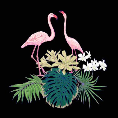 Tropik bitkiler, palmiye yaprakları, canavarlar ve flamingo Botanik ile beyaz orkide bileşimi neon, floresan renkler renkli vektör çizim tarzı. Siyah arka plan üzerine izole.