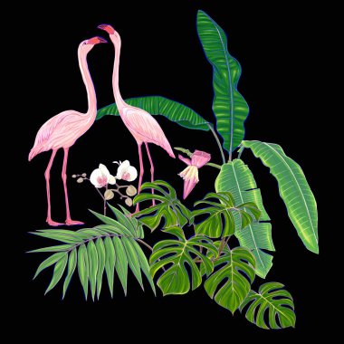 Tropik bitkiler, palmiye yaprakları, canavarlar ve flamingo Botanik ile beyaz orkide bileşimi neon, floresan renkler renkli vektör çizim tarzı. Siyah arka plan üzerine izole.