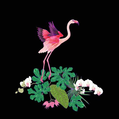 Tropik bitkiler, palmiye yaprakları, canavarlar ve flamingo Botanik ile beyaz orkide bileşimi neon, floresan renkler renkli vektör çizim tarzı. Siyah arka plan üzerine izole.