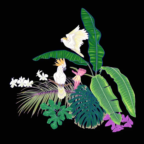 Tropik bitkiler, palmiye yaprakları, canavarlar ve botanik Kakadu papağan ile beyaz orkide bileşimi neon, floresan renkler renkli vektör çizim tarzı. Siyah arka plan üzerine izole.