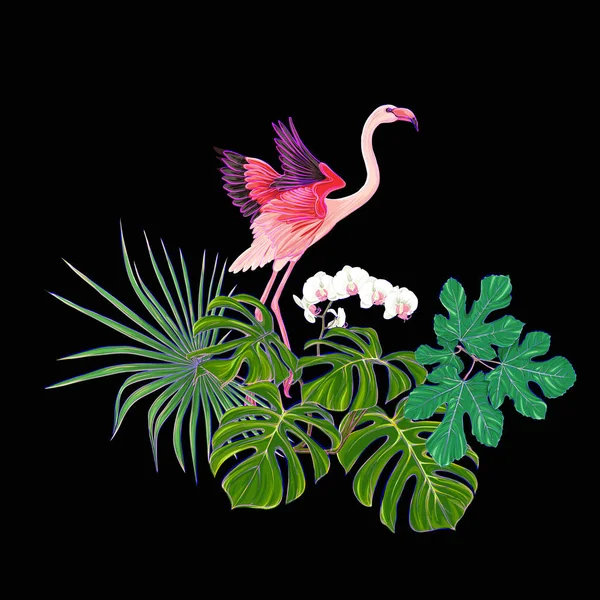 Tropik bitkiler, palmiye yaprakları, canavarlar ve flamingo Botanik ile beyaz orkide bileşimi neon, floresan renkler renkli vektör çizim tarzı. Siyah arka plan üzerine izole.