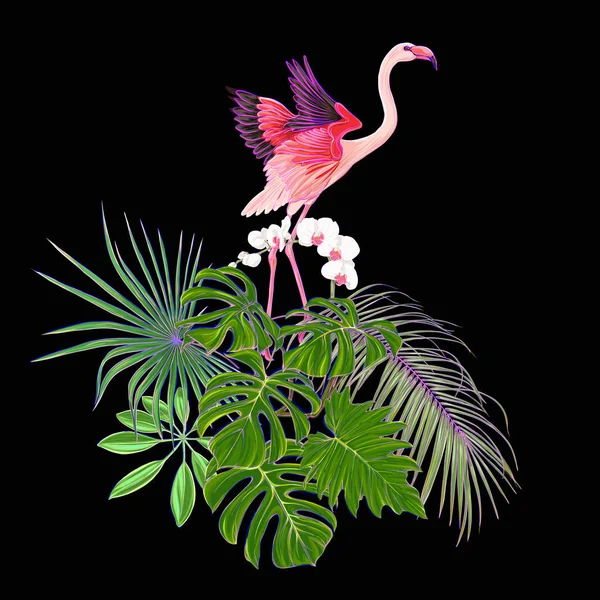 Tropik bitkiler, palmiye yaprakları, canavarlar ve flamingo Botanik ile beyaz orkide bileşimi neon, floresan renkler renkli vektör çizim tarzı. Siyah arka plan üzerine izole.