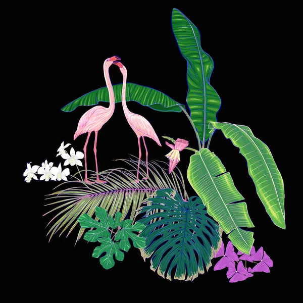 Tropik bitkiler, palmiye yaprakları, canavarlar ve flamingo Botanik ile beyaz orkide bileşimi neon, floresan renkler renkli vektör çizim tarzı. Siyah arka plan üzerine izole.