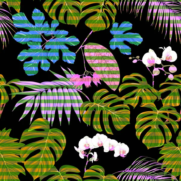熱帯の植物や白蘭の花 シームレスなパターン ネオン 蛍光色の色ベクトル図 — ストックベクタ