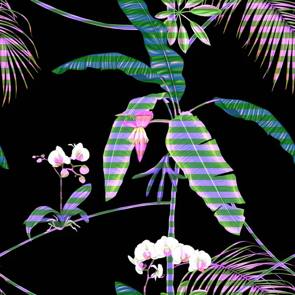 Plantas Tropicais Flores Brancas Orquídeas Padrão Sem Emenda Fundo Ilustração —  Vetores de Stock