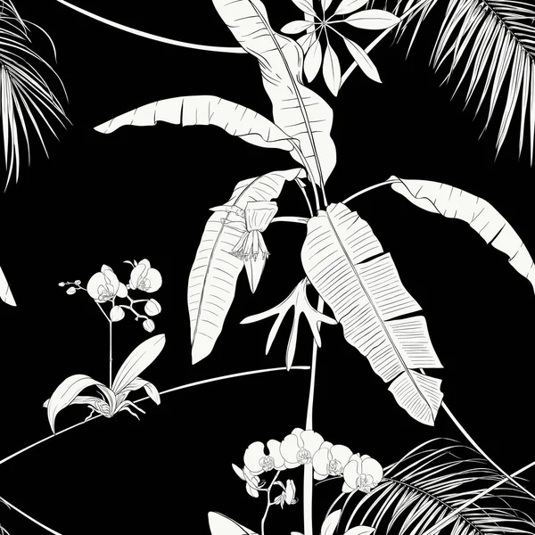 Tropiska Växter Och Vit Orkidé Blommor Seamless Mönster Bakgrund Vektorillustration — Stock vektor