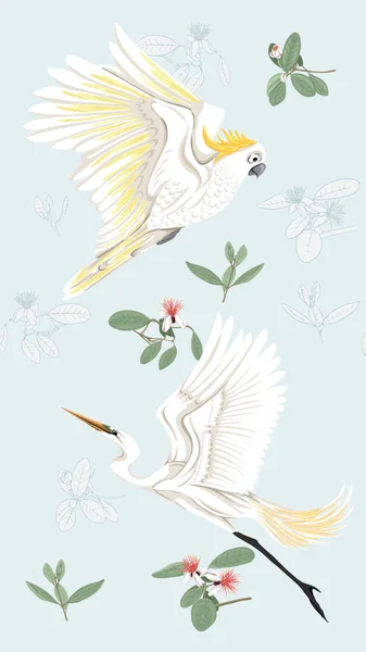 Pattern Background Feijoa Flowers Herons Cockatoo Parrot Vector Illustration Soft — Stock Vector