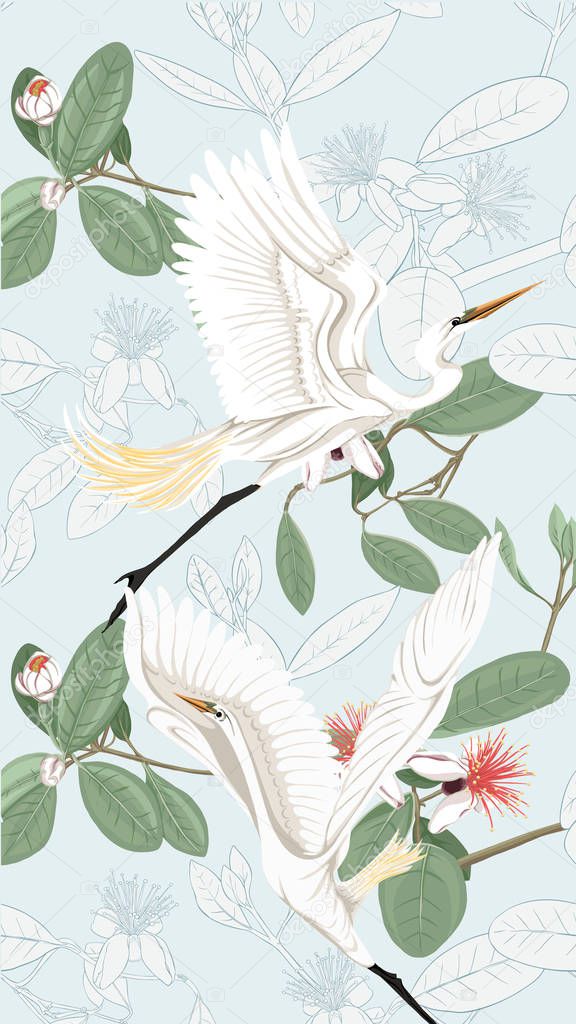 Pattern, background with with feijoa flowers with herons . Vector illustration.  On soft blue background. Colored and outline design.