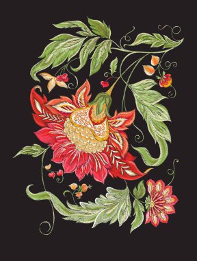 Retro, vintage tarzı stilize süs çiçek desenle. Taklit Jacobin nakış. Kırmızı ve yeşil renklerde göl kenarında siyah arka plan üzerinde renkli vektör çizim.