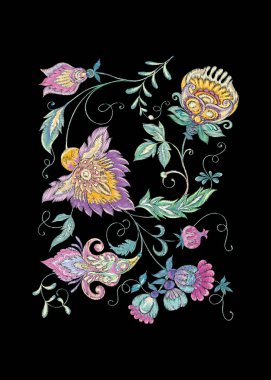 Retro, vintage tarzı stilize süs çiçek desenle. Taklit Jacobin nakış. Siyah arka plan üzerine yumuşak renklerde göl kenarında renkli vektör çizim.
