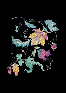 Retro, vintage tarzı stilize süs çiçek desenle. Taklit Jacobin nakış. Siyah arka plan üzerine yumuşak renklerde göl kenarında renkli vektör çizim.