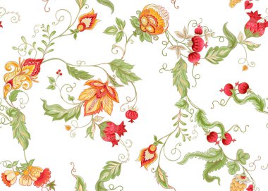 Retro, vintage tarzı stilize süs çiçekleri ile Seamless modeli. Jacobin nakış. Renkli vektör çizim. Beyaz arka plan üzerinde izole.