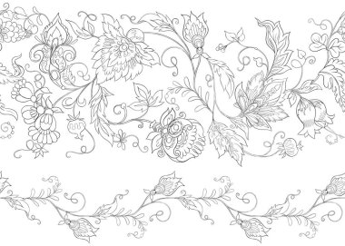 Retro, vintage tarzı stilize süs çiçekleri ile Seamless modeli. Jacobin nakış. Renkli ve anahat tasarımı. Vektör çizim.