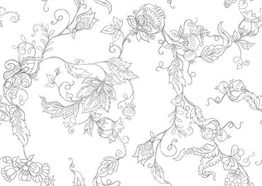 Retro, vintage tarzı stilize süs çiçekleri ile Seamless modeli. Jacobin nakış. Renkli ve anahat tasarımı. Vektör çizim.