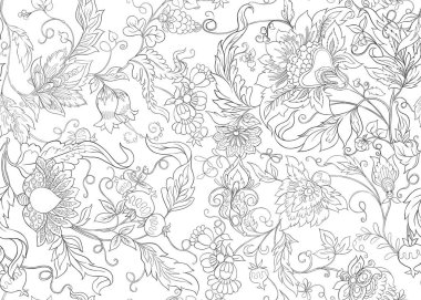Seamless pattern with stylized ornamental flowers in retro, vintage style. Jacobin embroidery.  Colored and outline design. Vector illustration. clipart