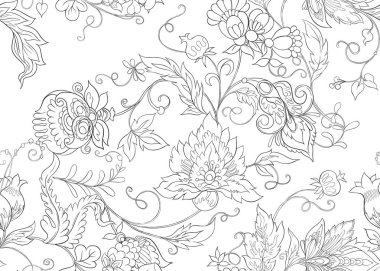 Retro, vintage tarzı stilize süs çiçekleri ile Seamless modeli. Jacobin nakış. Renkli ve anahat tasarımı. Vektör çizim.