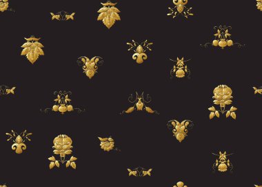 Retro, vintage tarzı stilize süs çiçekleri ile Seamless modeli. Jacobin nakış. Altın ve blac