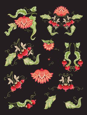 Retro, vintage tarzı tylized süs çiçek kümesi. Jacobin nakış. Renkli vektör çizim. Siyah arka plan üzerine izole.