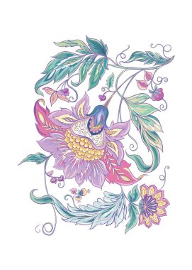 Retro, vintage tarzı stilize süs çiçek. Jacobin nakış. Pembe, mavi, mor ötesi renk renkli vektör çizim. Beyaz arka plan üzerinde izole.