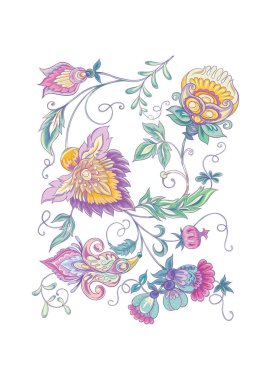 Retro, vintage tarzı stilize süs çiçek. Jacobin nakış. Pembe, mavi, mor ötesi renk renkli vektör çizim. Beyaz arka plan üzerinde izole.