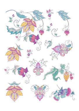 Stylized ornamental flowers in retro, vintage style. Jacobin embroidery. Colored vector illustration In pink, blue, ultraviolet colors. Isolated on white background. clipart