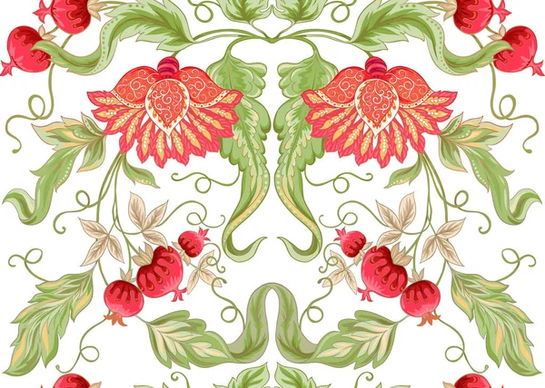 レトロ ビンテージ スタイルの様式化された装飾用の花とのシームレスなパターン ジャコバン派の刺繍 色ベクトルの図 白い背景に分離 — ストックベクタ