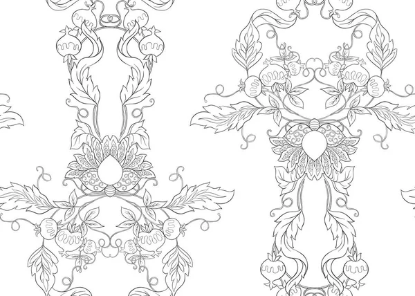 レトロ ビンテージ スタイルの様式化された装飾用の花とのシームレスなパターン ジャコバン派の刺繍 デザインの概要を説明します ベクトル図 — ストックベクタ