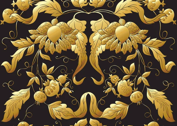 无缝图案与风格化的装饰花在复古 复古风格 雅格布宾刺绣 在黄金和斑点 — 图库矢量图片