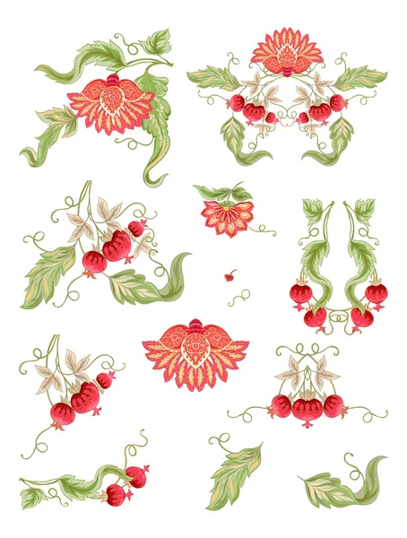 Conjunto Flores Ornamentales Tilizadas Estilo Retro Vintage Bordado Jacobino Ilustración — Vector de stock
