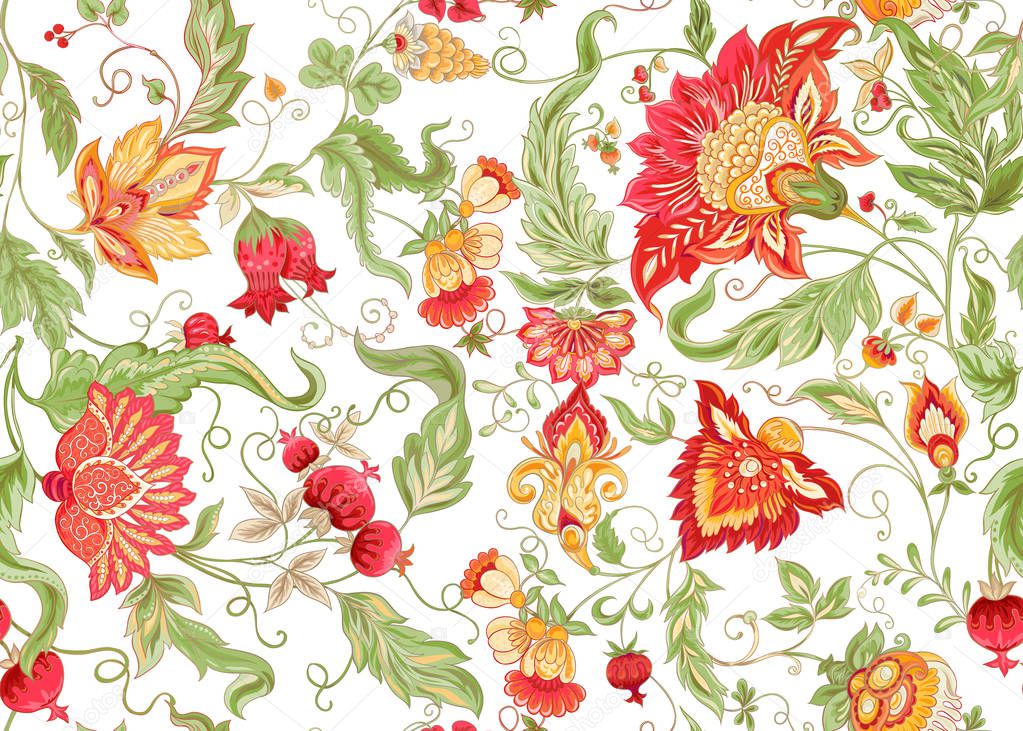 Seamless pattern with stylized ornamental flowers in retro, vintage style. Jacobin embroidery. Colored vector illustration. Isolated on white background.