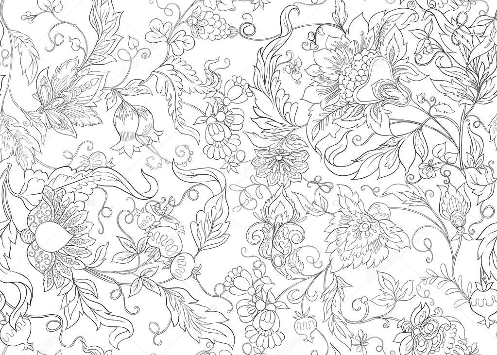 Seamless pattern with stylized ornamental flowers in retro, vintage style. Jacobin embroidery.  Colored and outline design. Vector illustration.