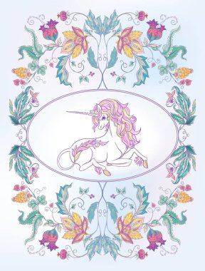 Retro, vintage Jacobin nakış tarzı tek boynuzlu at ile stilize süs çiçek. Vektör çizim yumuşak pembe, mavi, mor ötesi renklerde.