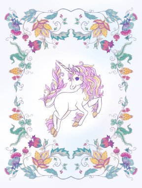 Retro, vintage Jacobin nakış tarzı tek boynuzlu at ile stilize süs çiçek. Vektör çizim yumuşak pembe, mavi, mor ötesi renklerde.