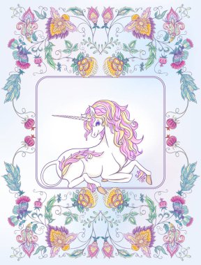 Retro, vintage Jacobin nakış tarzı tek boynuzlu at ile stilize süs çiçek. Vektör çizim yumuşak pembe, mavi, mor ötesi renklerde.