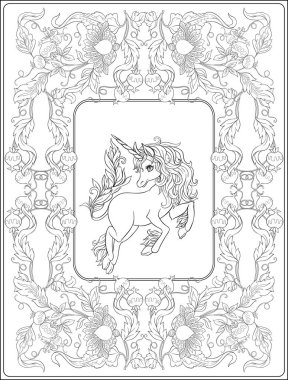 Retro, vintage Jacobin nakış tarzı tek boynuzlu at ile stilize süs çiçek. Vektör çizim çizim el anahat. Yetişkin renklendirme kitap için sayfa boyama. 