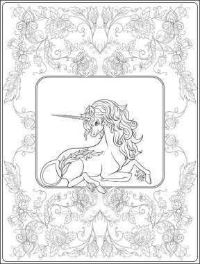 Retro, vintage Jacobin nakış tarzı tek boynuzlu at ile stilize süs çiçek. Vektör çizim çizim el anahat. Yetişkin renklendirme kitap için sayfa boyama. 