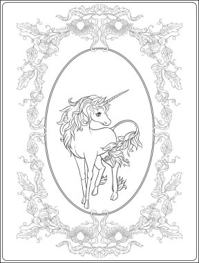 Stylized ornamental flowers in retro, vintage Jacobin embroidery style with unicorn. Outline hand drawing vector illustration. Coloring page for the adult coloring book.  clipart