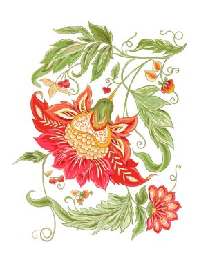 Retro, vintage tarzı stilize süs çiçek. Jacobin nakış. Renkli vektör çizim. Beyaz arka plan üzerinde izole.