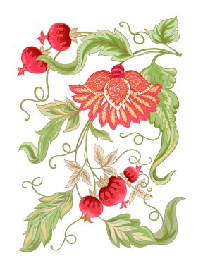 Retro, vintage tarzı stilize süs çiçek. Jacobin nakış. Renkli vektör çizim. Beyaz arka plan üzerinde izole.