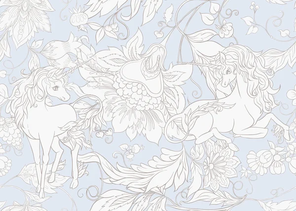 Seamless Pattern Stylized Ornamental Flowers Retro Vintage Style Unicorns Jacobin — Stock Vector