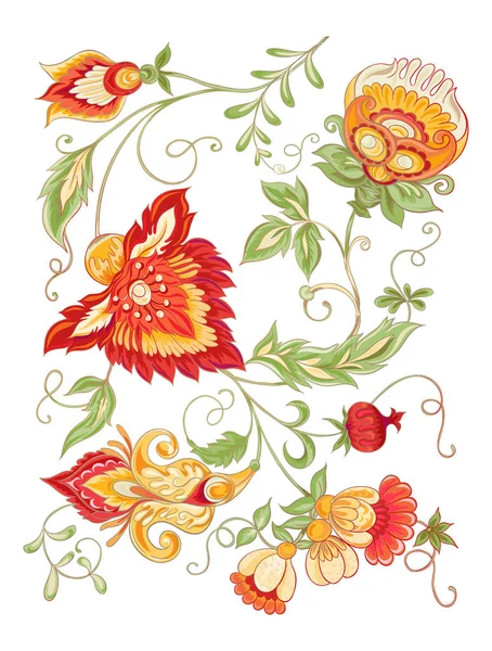 Flores Ornamentales Estilizadas Estilo Retro Vintage Bordado Jacobino Ilustración Vectorial — Archivo Imágenes Vectoriales