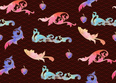 Geleneksel Çin dikişsiz desen, süs. Altın koyu arka plan üzerinde renkli vektör çizim