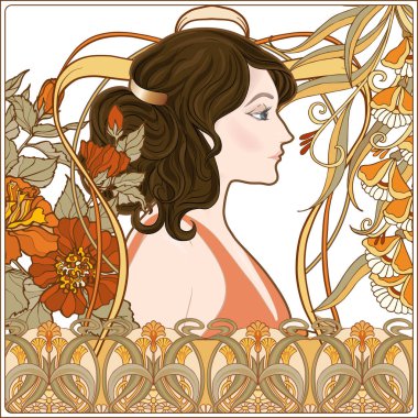Eski, retro, art nouveau tarzında çerçeve çiçek uzun saçlı bir kadın portresi. Renkli vektör çizim. Vintage bej ve turuncu renklerde.