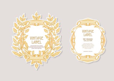 Ürünler veya kozmetik art nouveau tarzında, vintage, eski, retro tarzı için yüz ve arka etiket kümesi. Hisse senedi vektör çizim.