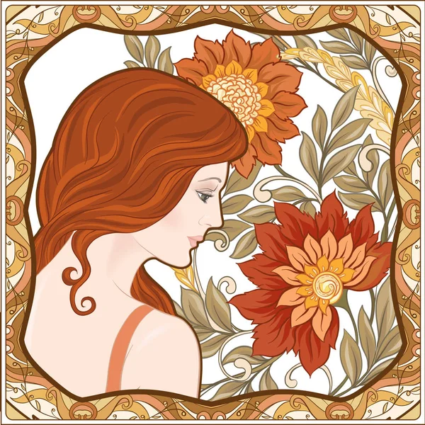 Retrato Una Mujer Con Pelo Largo Marco Floral Estilo Art — Vector de stock