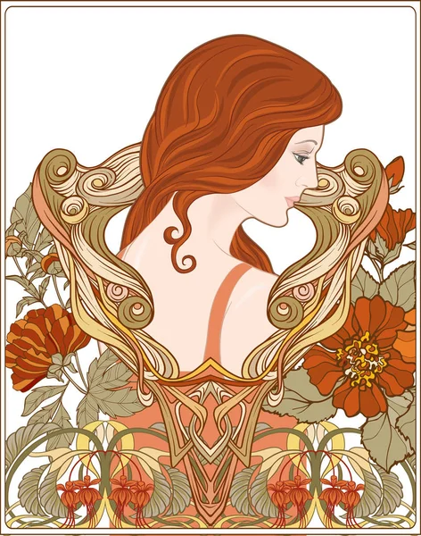 Portrait Une Femme Aux Cheveux Longs Dans Cadre Floral Dans — Image vectorielle